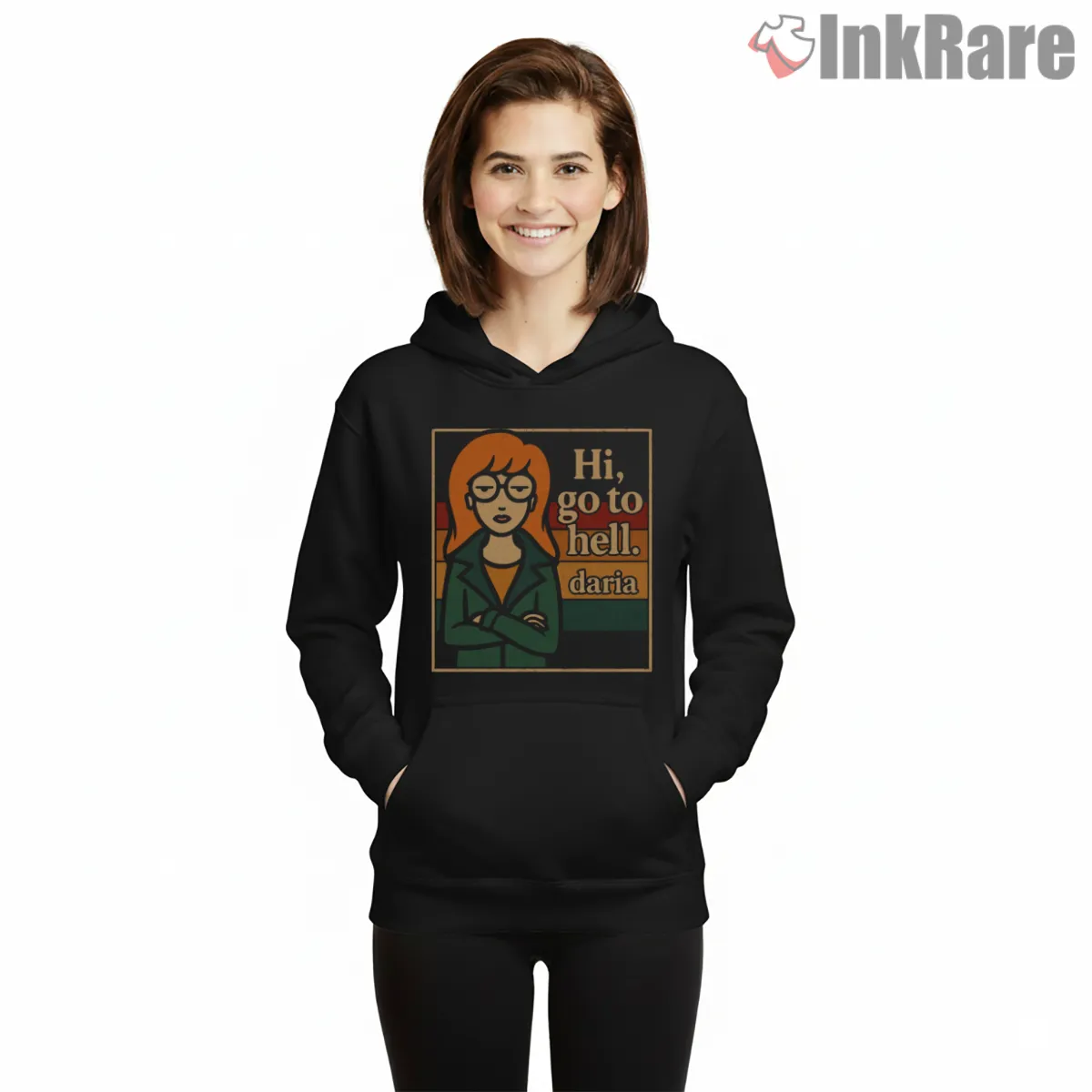 Daria Hi Go To Hell Vintage Quote Frame Shirt on black hoodie for women graphic tee