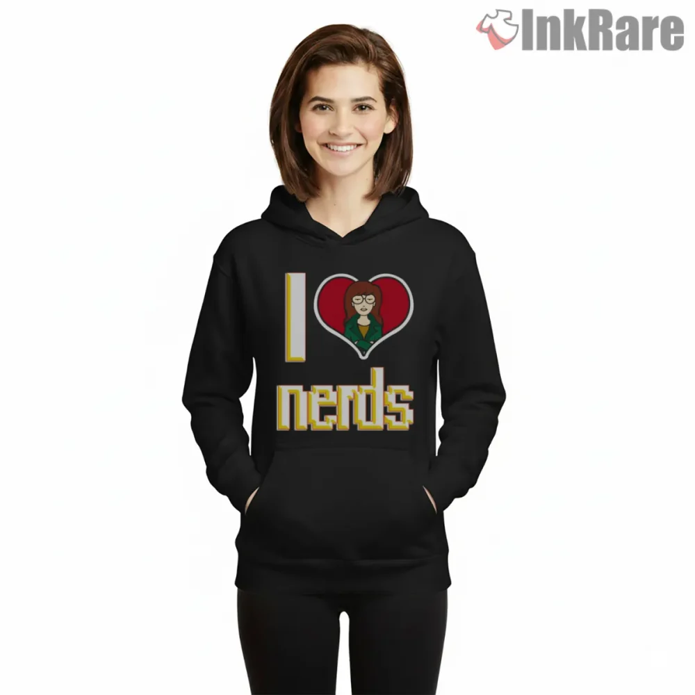 Daria I Love Nerds Pixel Heart Graphic Shirt on black hoodie for women graphic tee