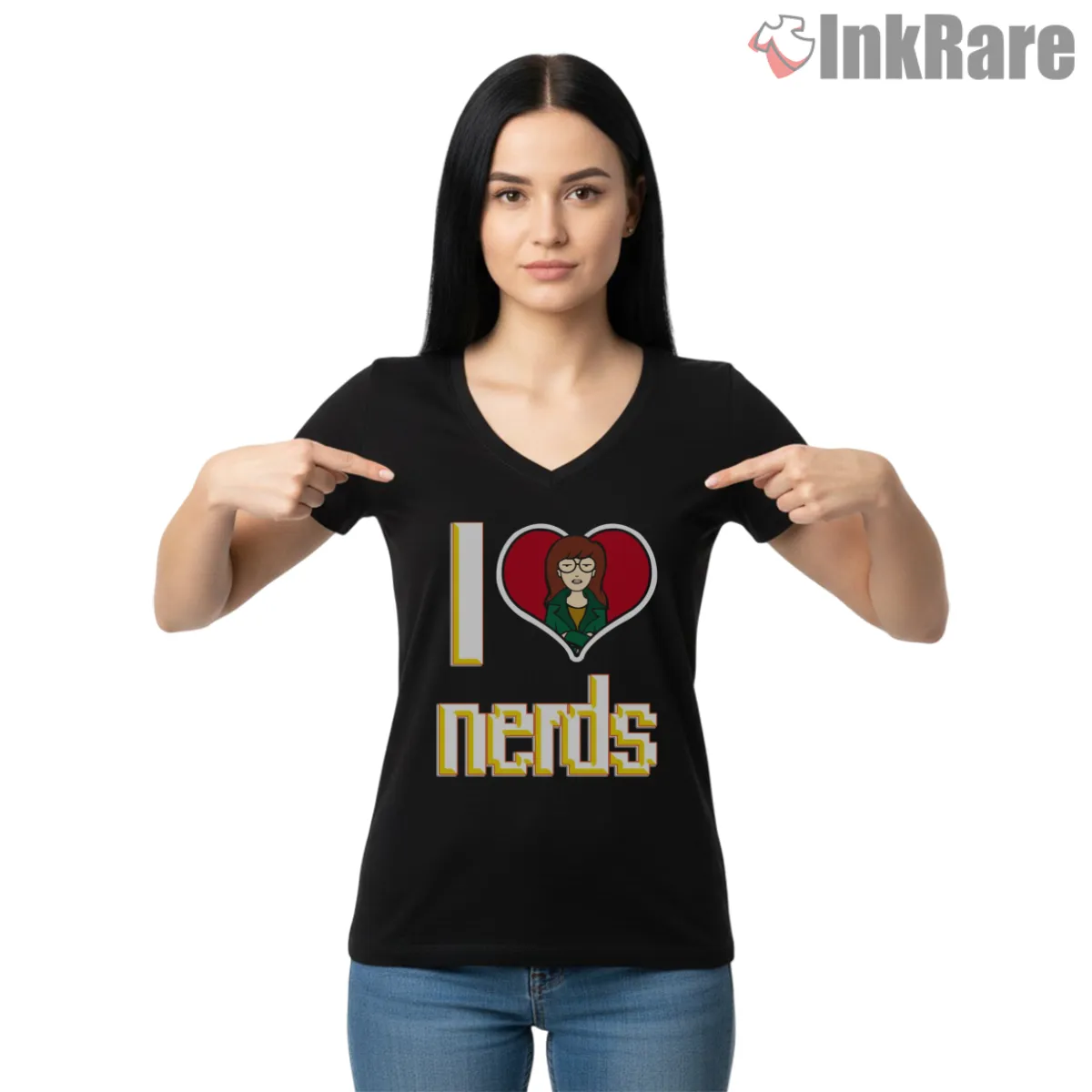 Daria I Love Nerds Pixel Heart Graphic Shirt on black v-neck shirt for women graphic tee