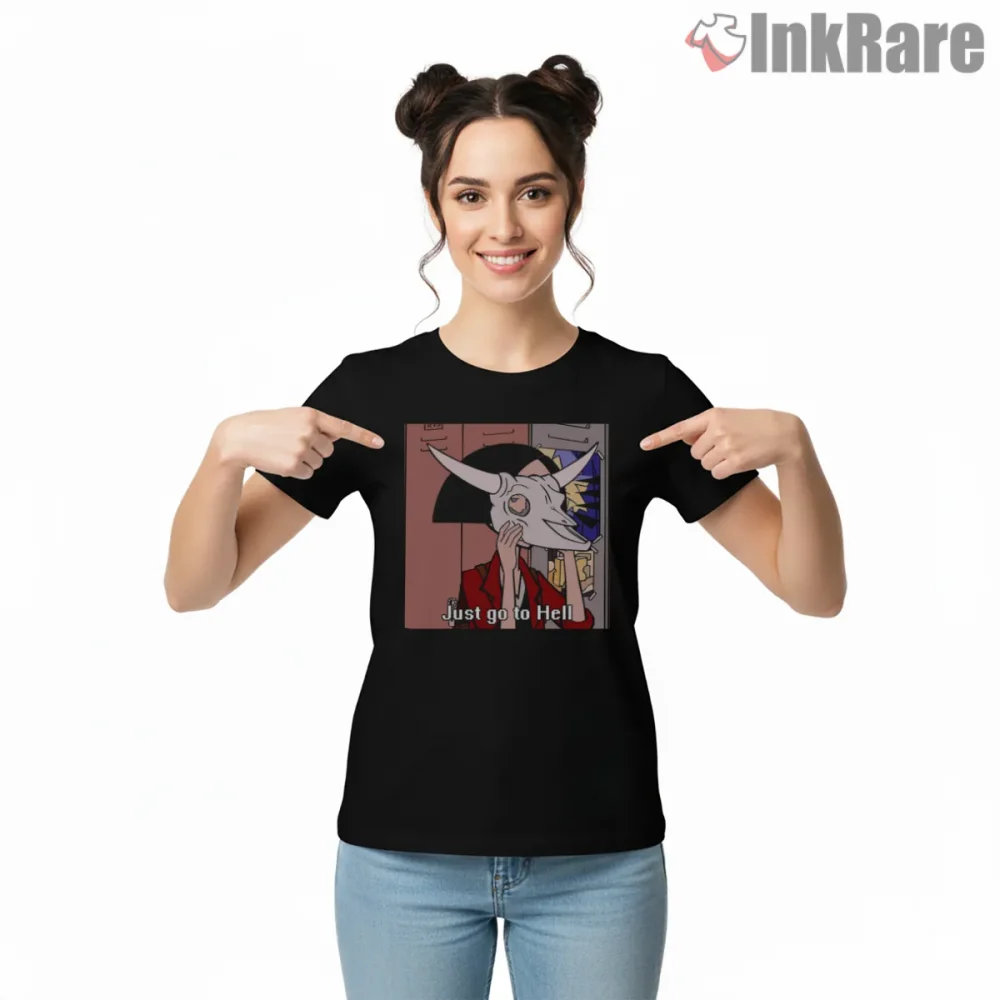 Daria Jane Dark Humor Skull Mask Scene Shirt on black short sleeve shirt for women graphic tee