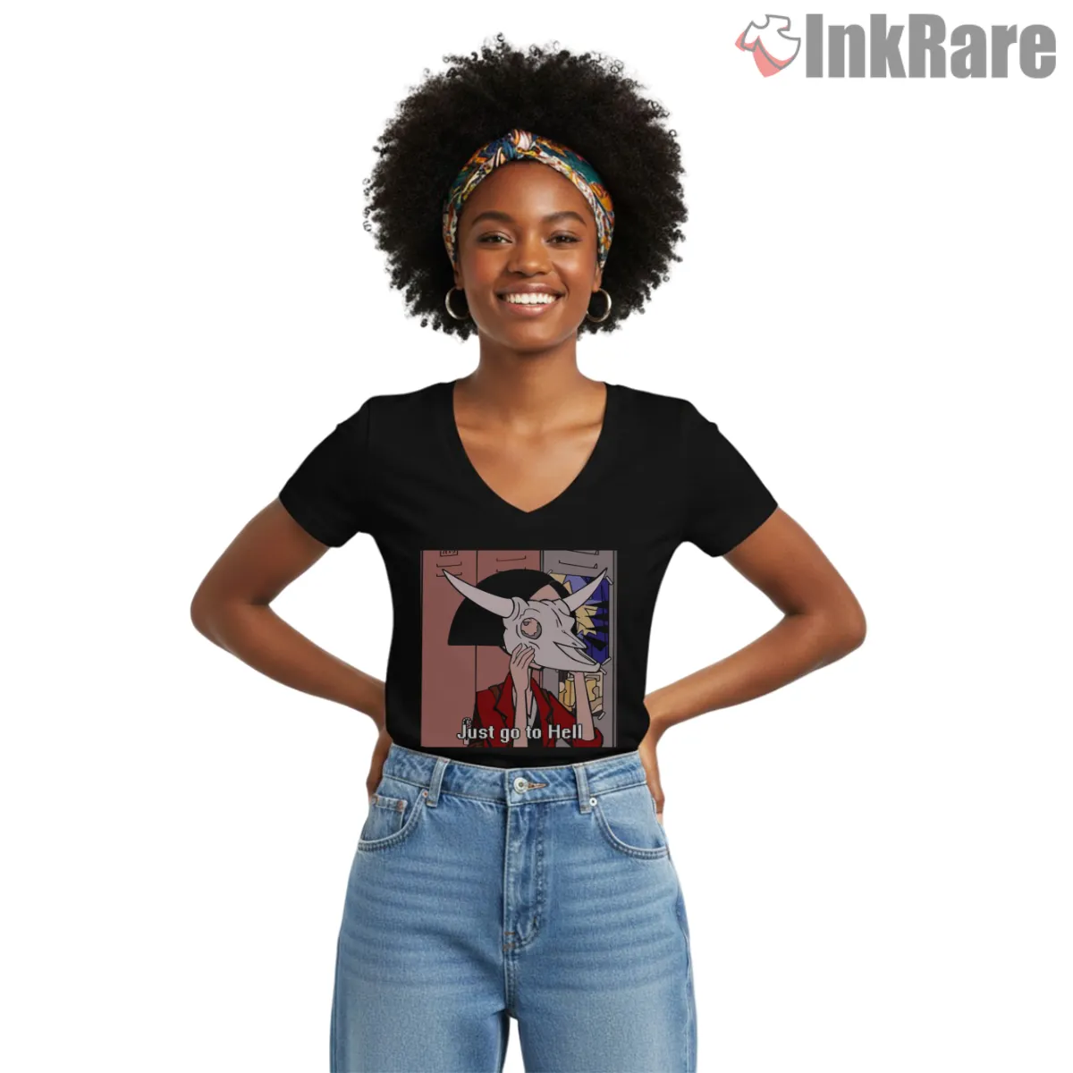 Daria Jane Dark Humor Skull Mask Scene Shirt on black v-neck shirt for women graphic tee