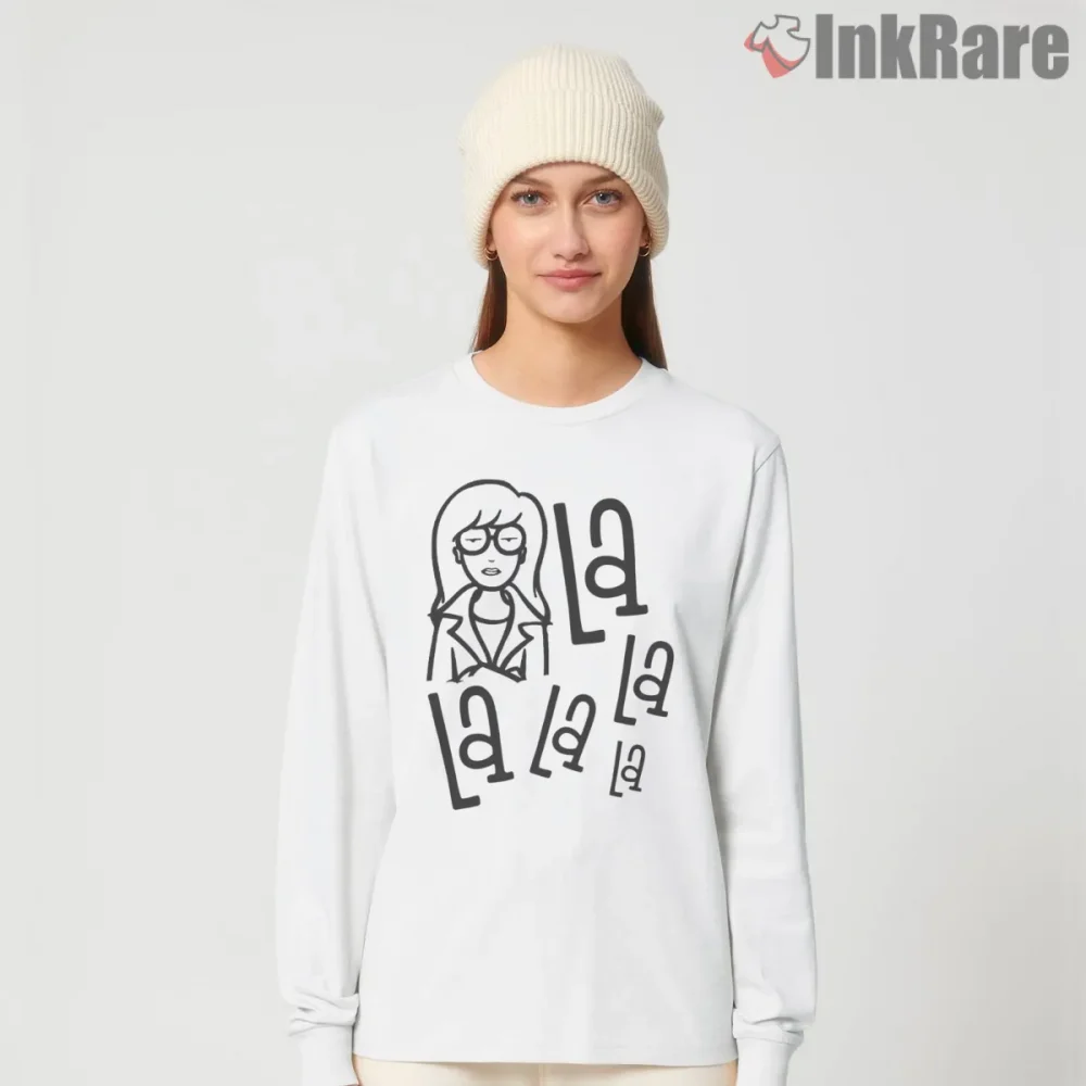 Daria La La Pattern Minimal Typography Shirt on white long sleeve shirt for women graphic tee