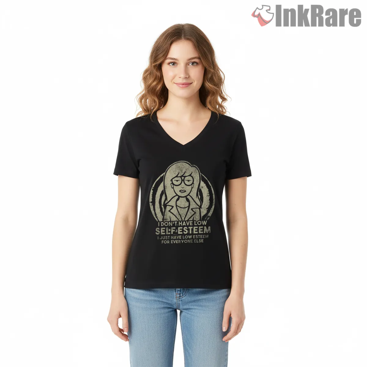 Daria Low Self Esteem Dark Humor Quote Shirt on black v-neck shirt for women graphic tee