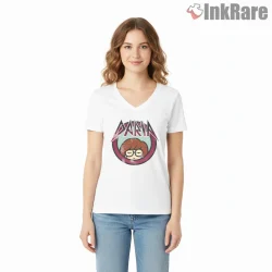 Daria Metal Logo Graphic Signature Retro Shirt on white v-neck shirt for women graphic tee