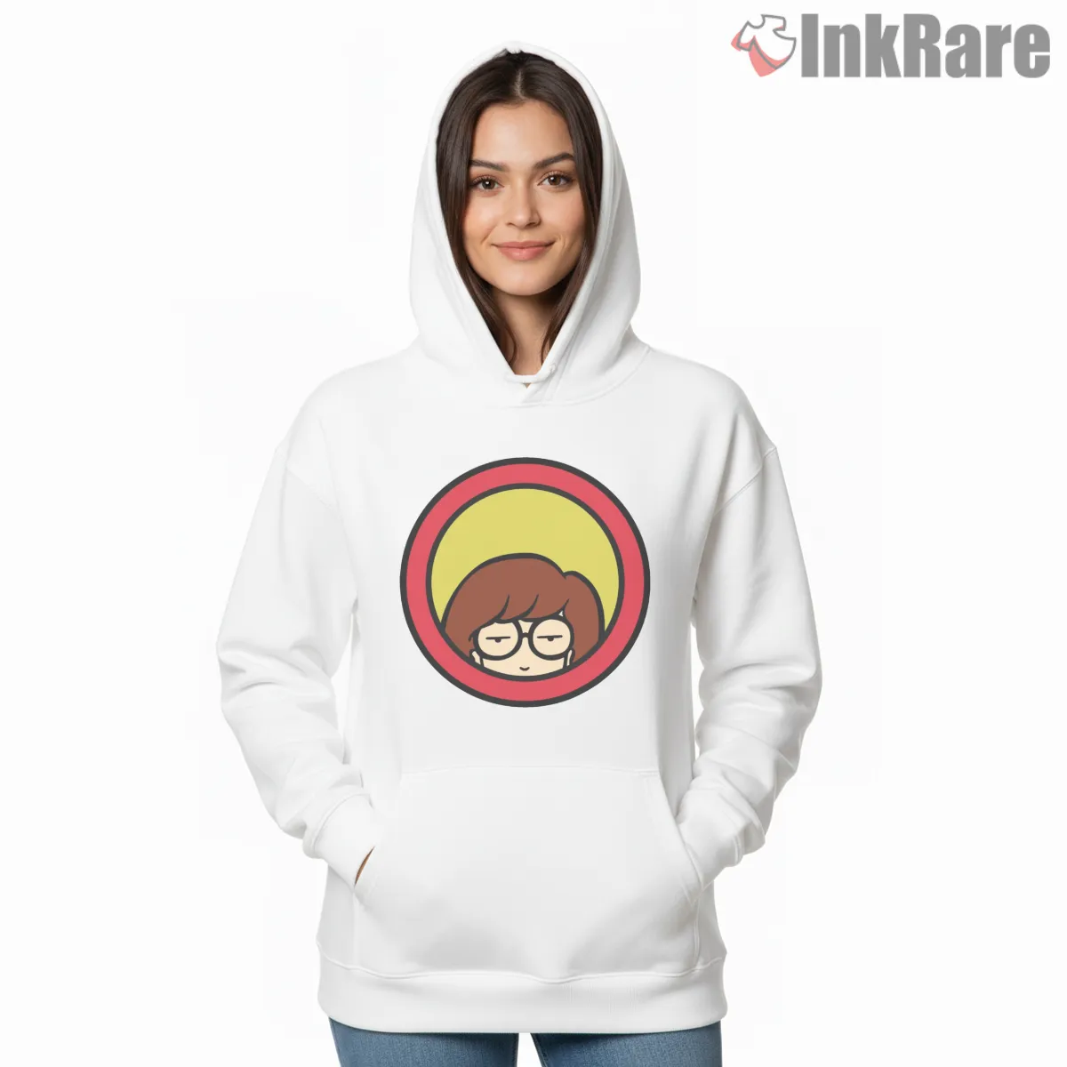 Daria Minimal Circle Portrait Yellow Red Pop Shirt on white hoodie for women graphic tee