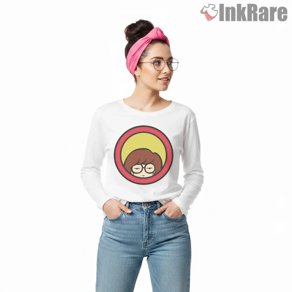 Daria Minimal Circle Portrait Yellow Red Pop Shirt on white long sleeve shirt for women graphic tee