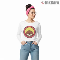 Daria Minimal Circle Portrait Yellow Red Pop Shirt on white long sleeve shirt for women graphic tee