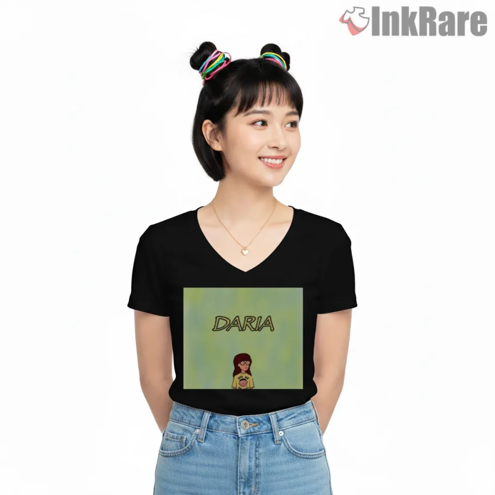 Daria Minimal Mtv 90s Nostalgia Portrait Shirt on black v-neck shirt for women graphic tee