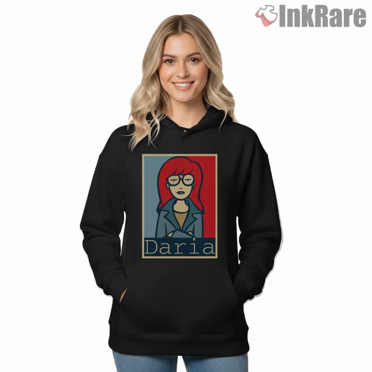 Daria Minimal Portrait Retro Color Block Shirt on black hoodie for women graphic tee
