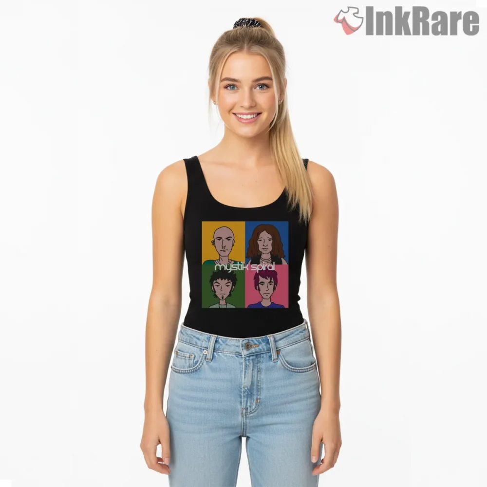 Daria Mystik Spiral Band Parody Poster Shirt on black tank top for women graphic tee