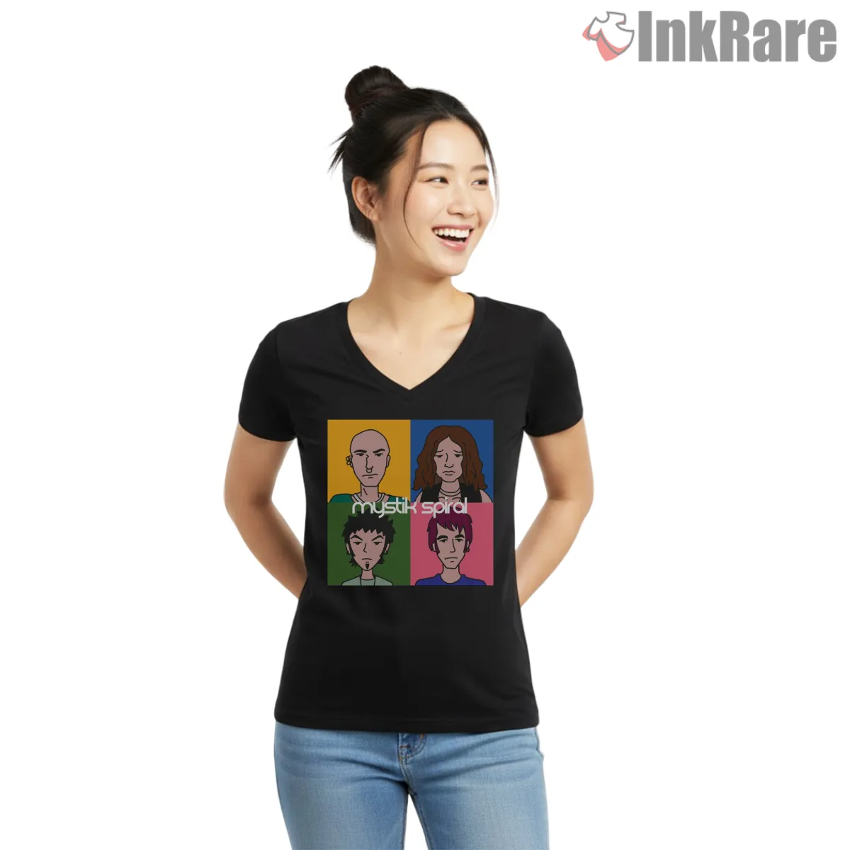 Daria Mystik Spiral Band Parody Poster Shirt on black v-neck shirt for women graphic tee