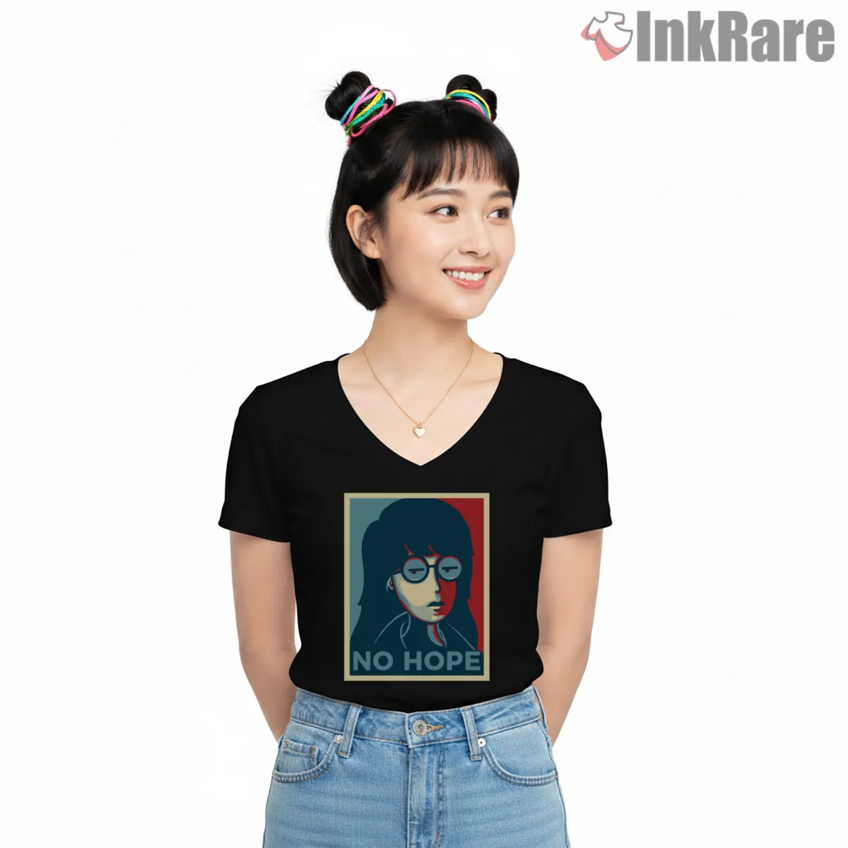 Daria No Hope Minimal Poster Style Shirt on black v-neck shirt for women graphic tee