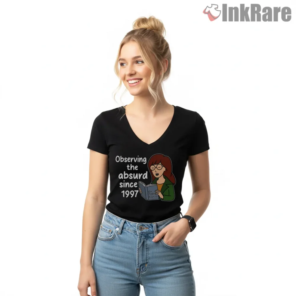 Daria Observing The Absurd Since 1997 Shirt on black v-neck shirt for women graphic tee