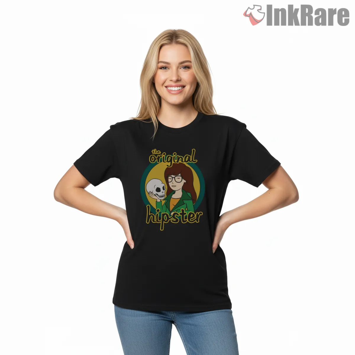 Daria Original Hipster Skull Parody Shirt on black short sleeve shirt for women graphic tee