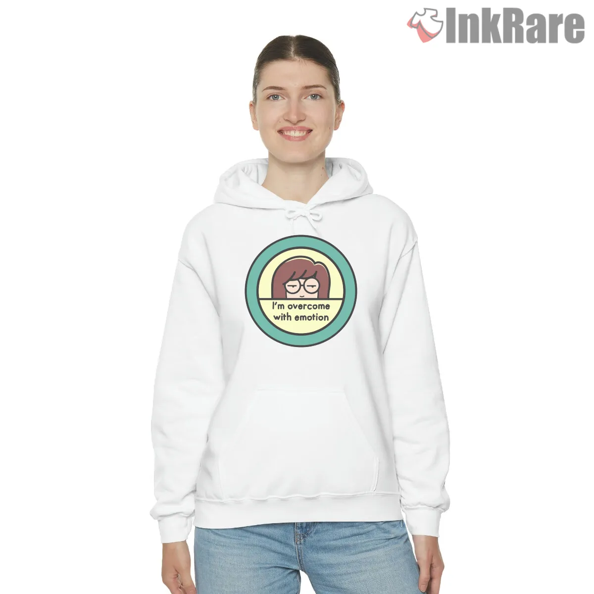 Daria Overcome With Emotion Circle Badge Hoodie White Daria Overcome With Emotion Circle Badge Shirt on white hoodie for women graphic tee