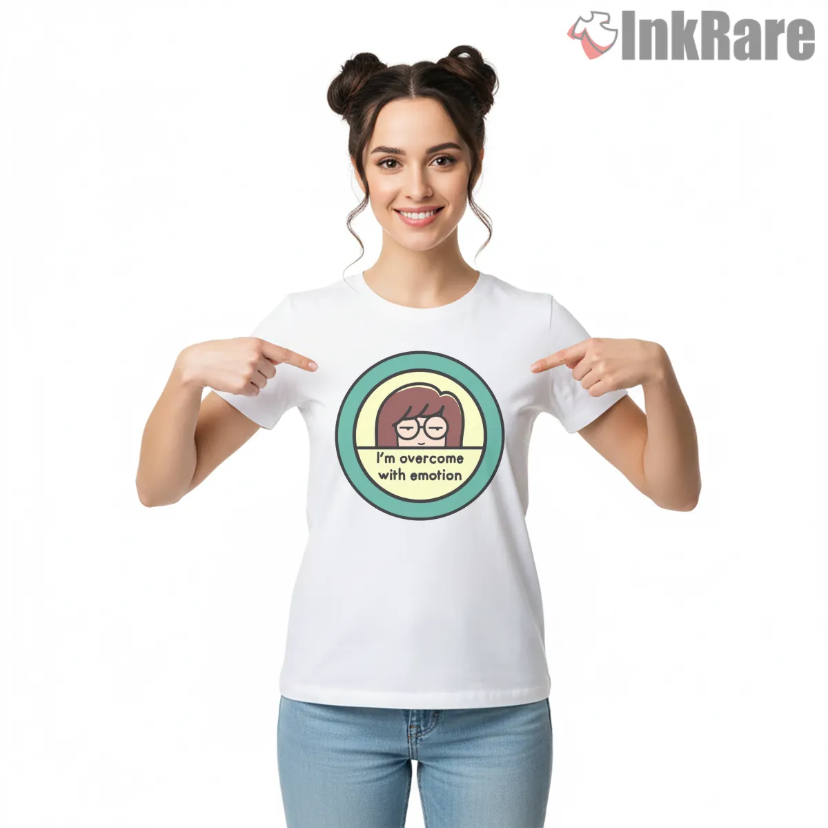 Daria Overcome With Emotion Circle Badge Short Sleeve White Daria Overcome With Emotion Circle Badge Shirt on white short sleeve shirt for women graphic tee