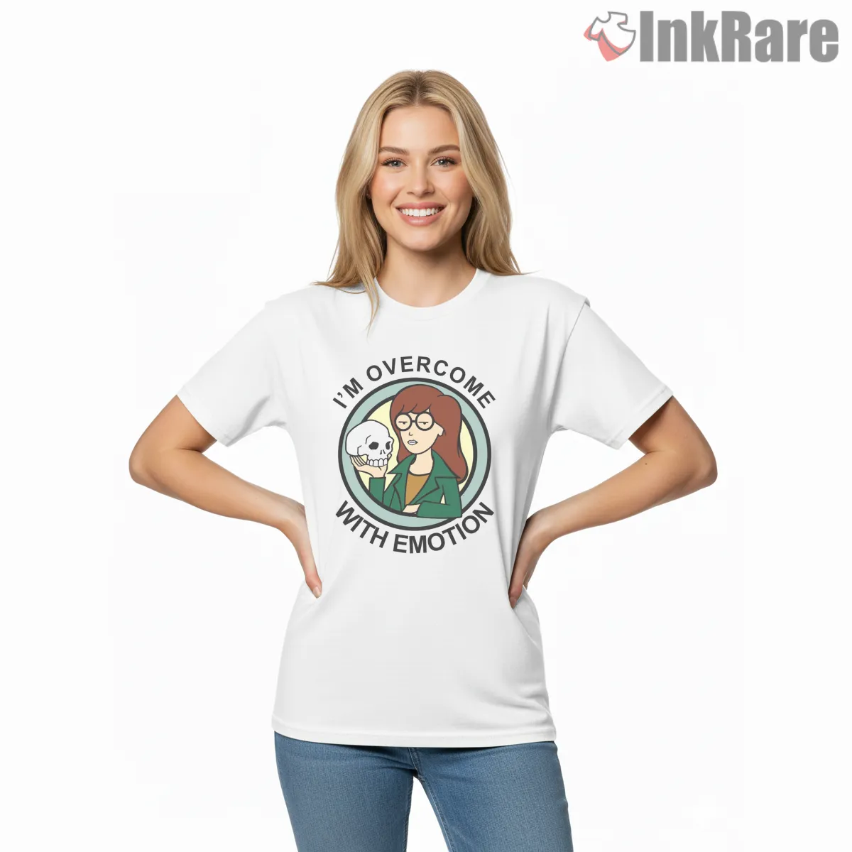 Daria Overcome With Emotion Skull Quote Circle Short Sleeve White Daria Overcome With Emotion Skull Quote Circle Shirt on white short sleeve shirt for women graphic tee