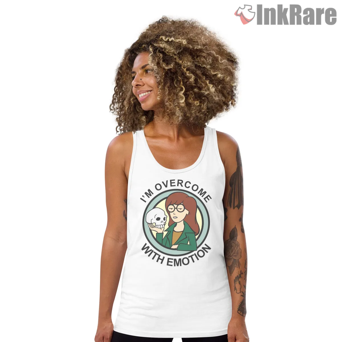 Daria Overcome With Emotion Skull Quote Circle Tank Top White Daria Overcome With Emotion Skull Quote Circle Shirt on white tank top for women graphic tee