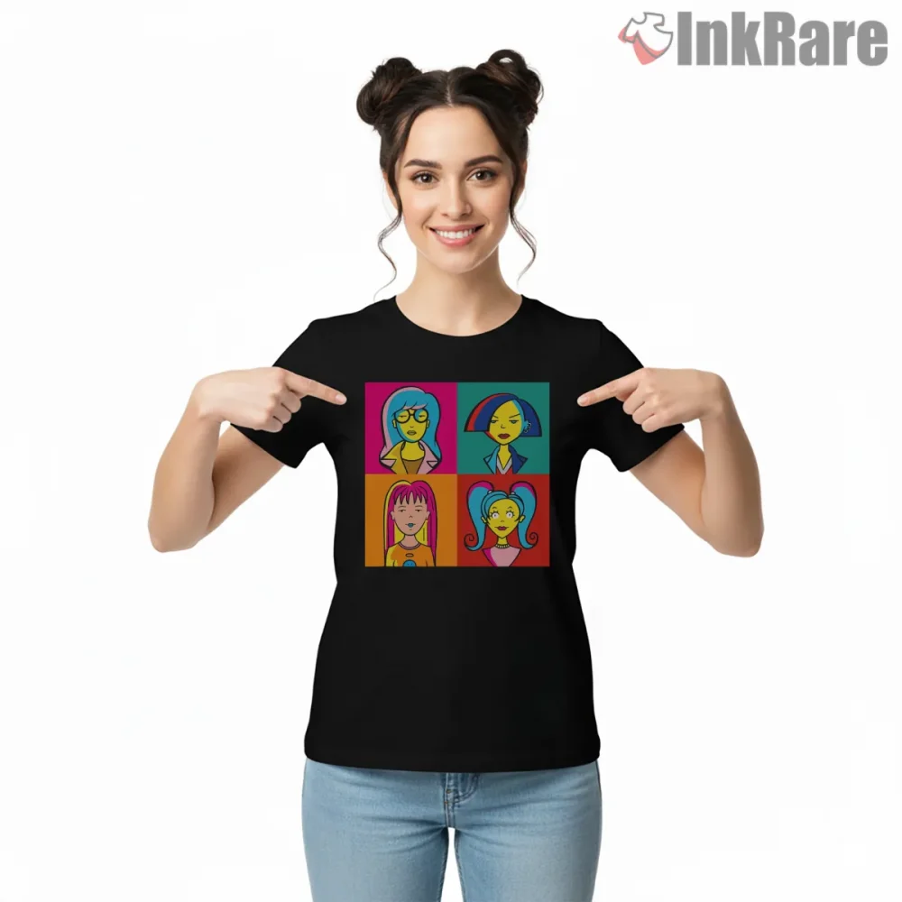 Daria Pop Art Character Grid Color Block Shirt on black short sleeve shirt for women graphic tee