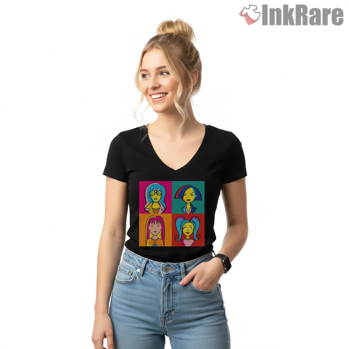 Daria Pop Art Character Grid Color Block Shirt on black v-neck shirt for women graphic tee