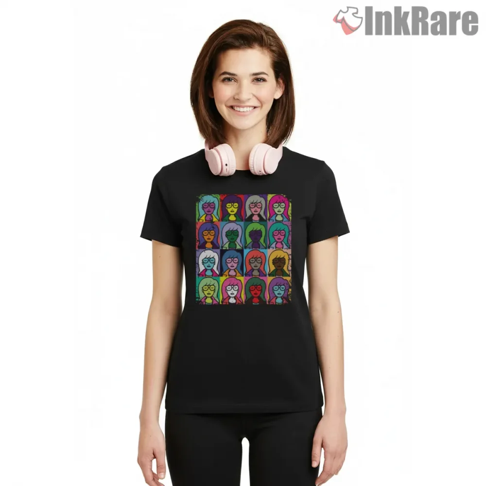 Daria Pop Art Warhol Style Color Grid Shirt on black short sleeve shirt for women graphic tee