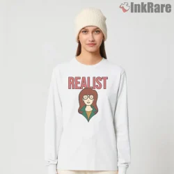Daria Realist Minimal Portrait Bold Text Shirt on white long sleeve shirt for women graphic tee
