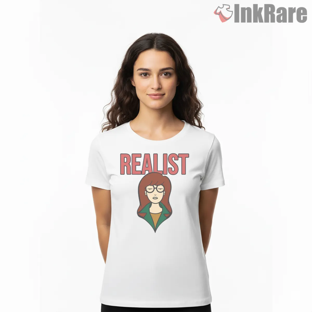 Daria Realist Minimal Portrait Bold Text Shirt on white short sleeve shirt for women graphic tee