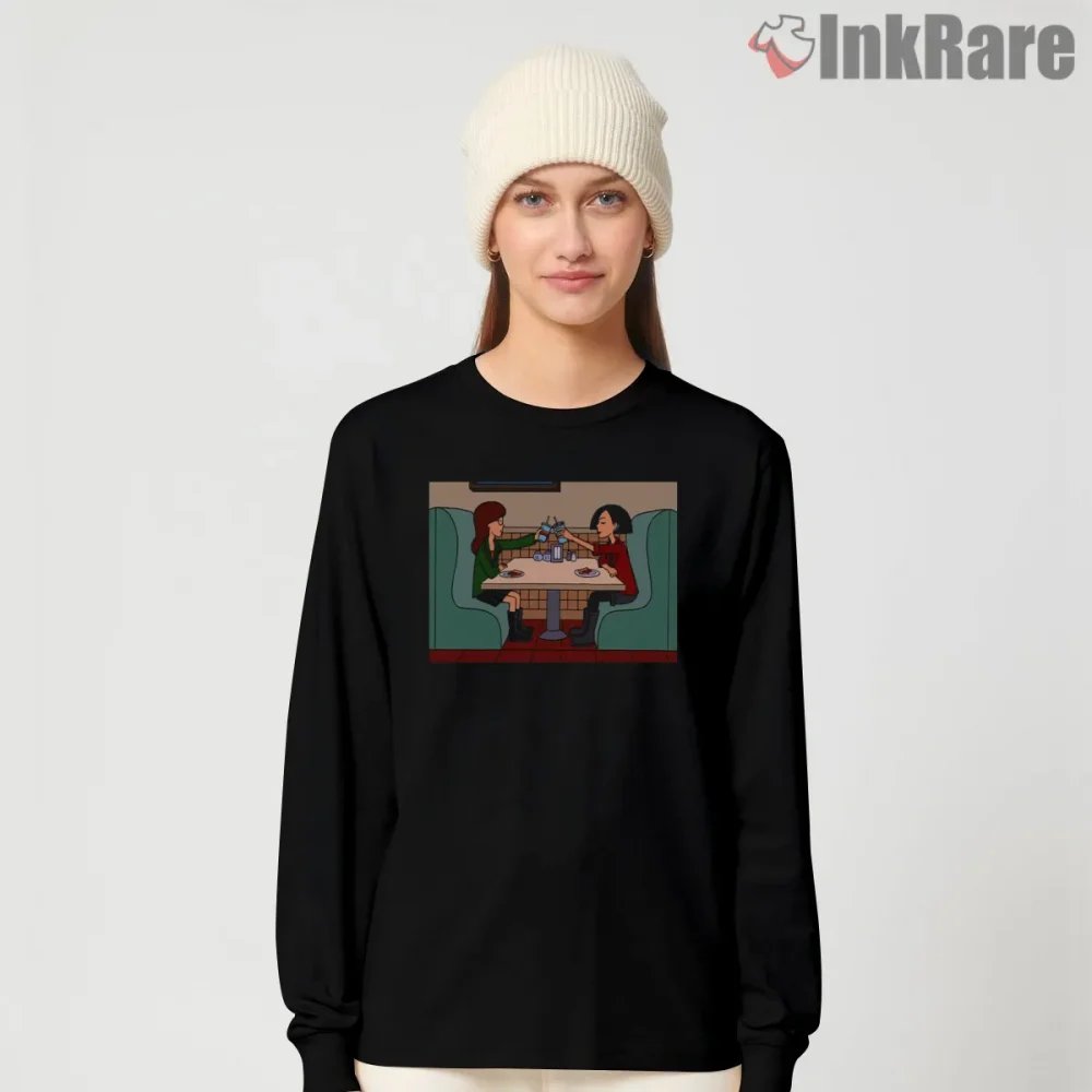 Daria Reality Conversation Cafe Scene Shirt on black long sleeve shirt for women graphic tee