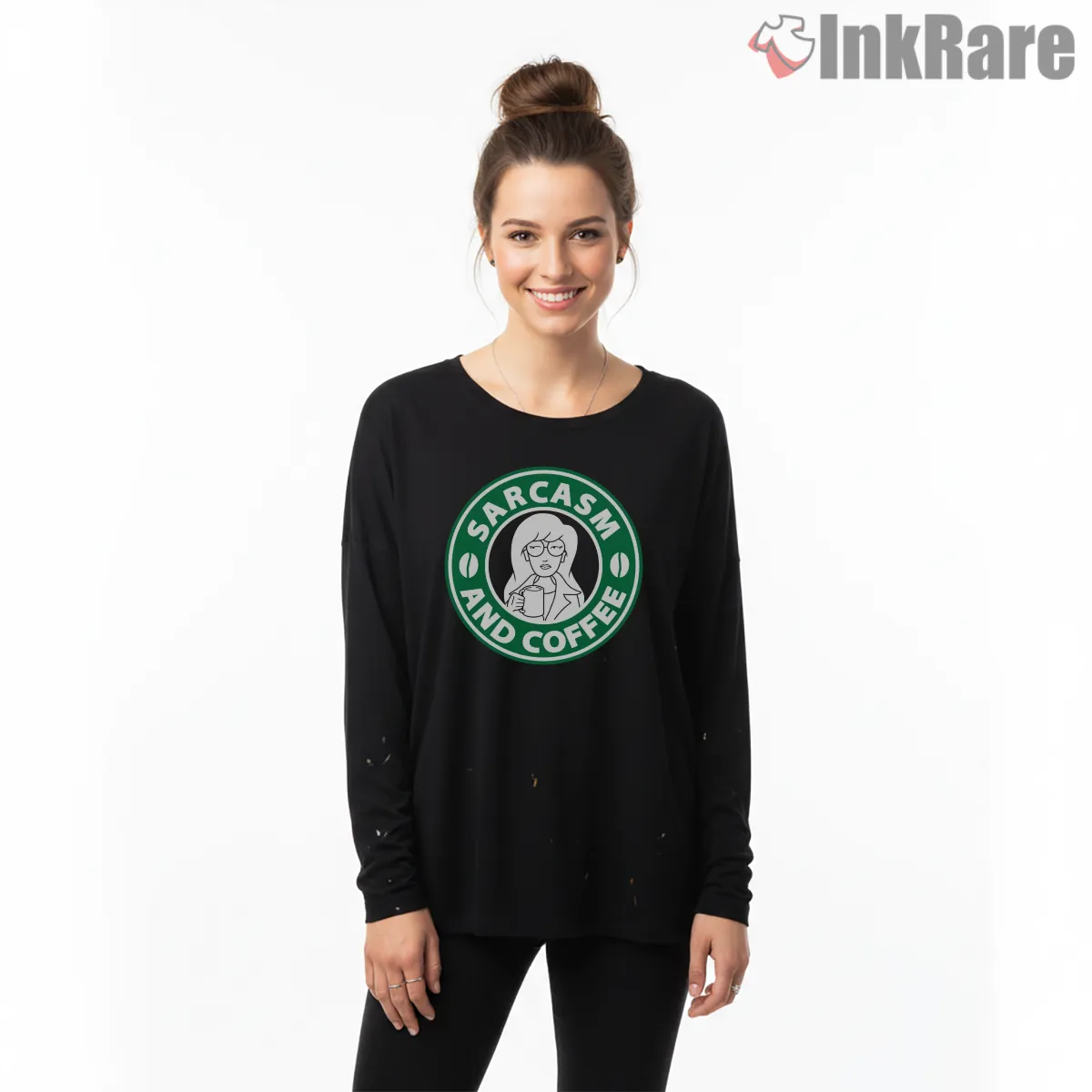 Daria Sarcasm And Coffee Parody Logo Shirt on black long sleeve shirt for women graphic tee