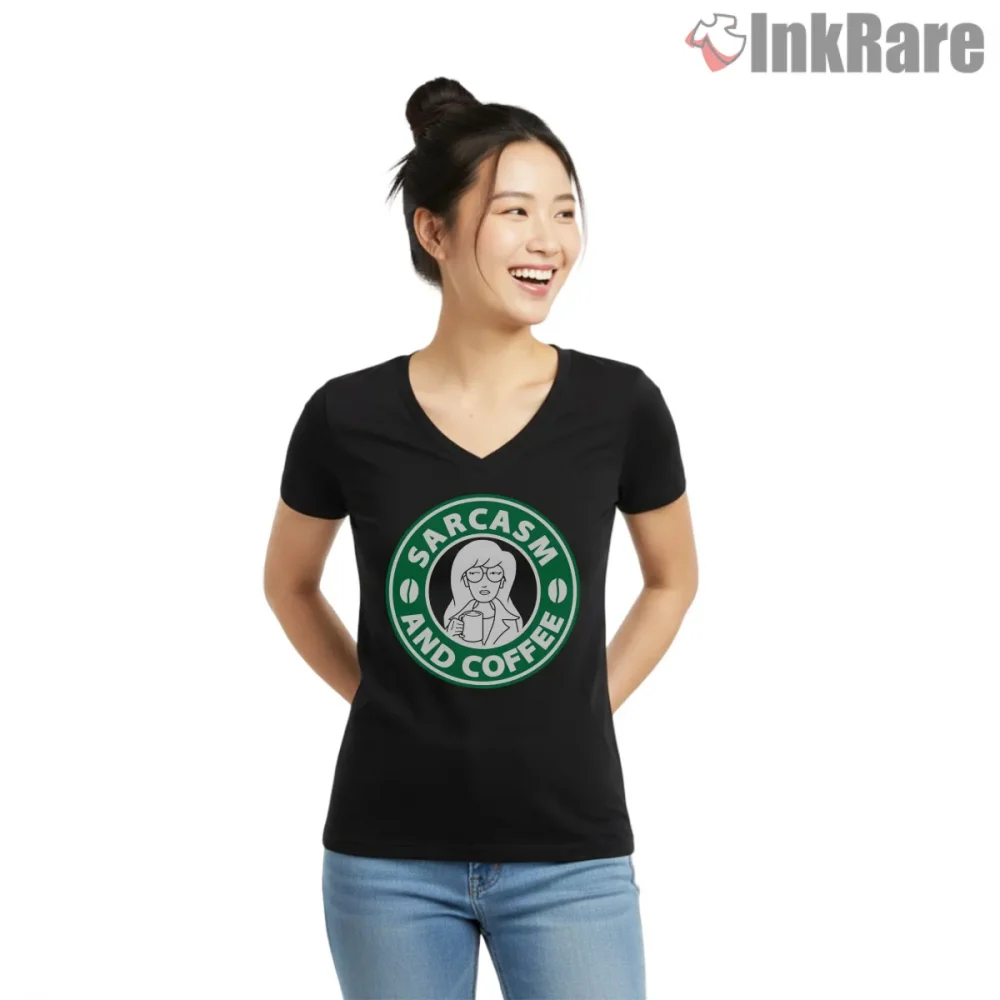 Daria Sarcasm And Coffee Parody Logo Shirt on black v-neck shirt for women graphic tee