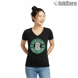 Daria Sarcasm And Coffee Parody Logo Shirt on black v-neck shirt for women graphic tee