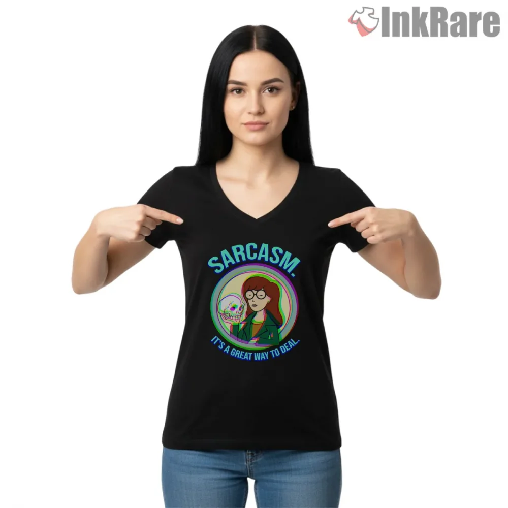 Daria Sarcasm Is A Great Way Neon Circle Shirt on black v-neck shirt for women graphic tee