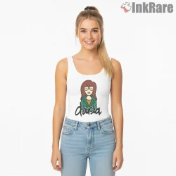 Daria Script Logo Minimal Portrait Shirt on white tank top for women graphic tee