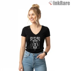 Daria Sick Sad World Group Retro Grunge Shirt on black v-neck shirt for women graphic tee