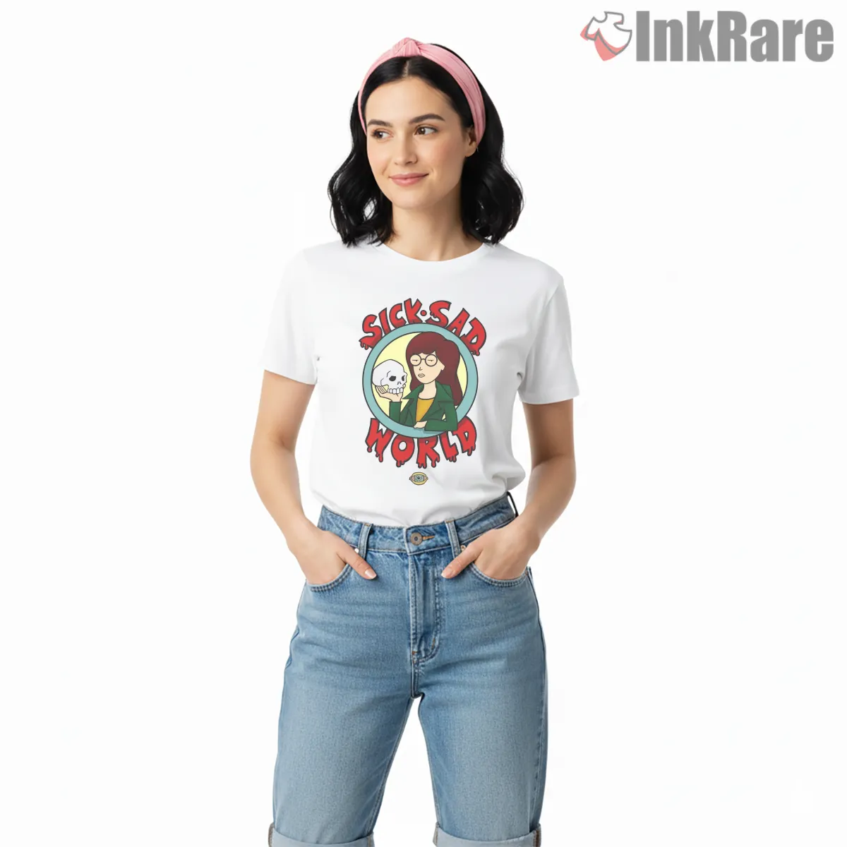 Daria Sick Sad World Skull Graphic Cartoon Shirt on white short sleeve shirt for women graphic tee