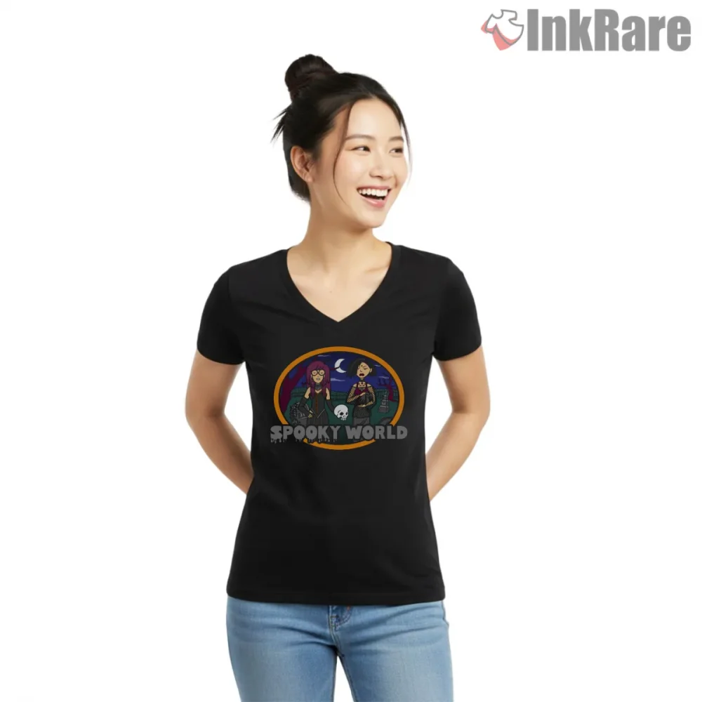 Daria Spooky World Halloween Cartoon Scene Shirt on black v-neck shirt for women graphic tee