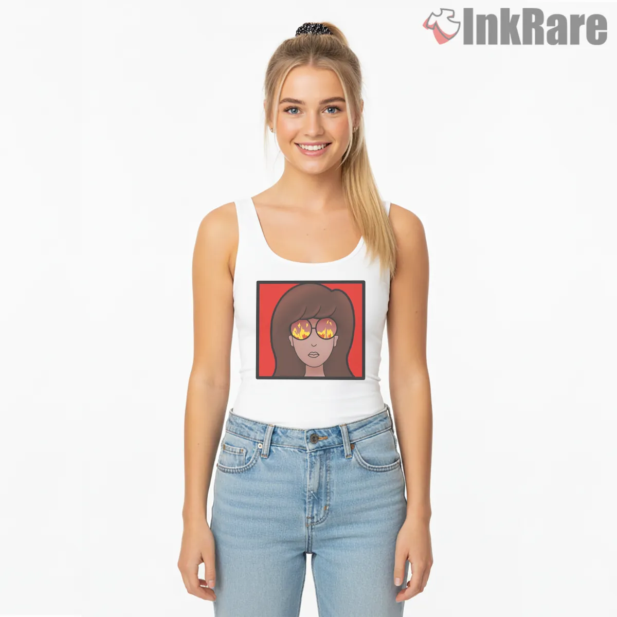 Daria World Is On Fire Sunglasses Meme Shirt on white tank top for women graphic tee