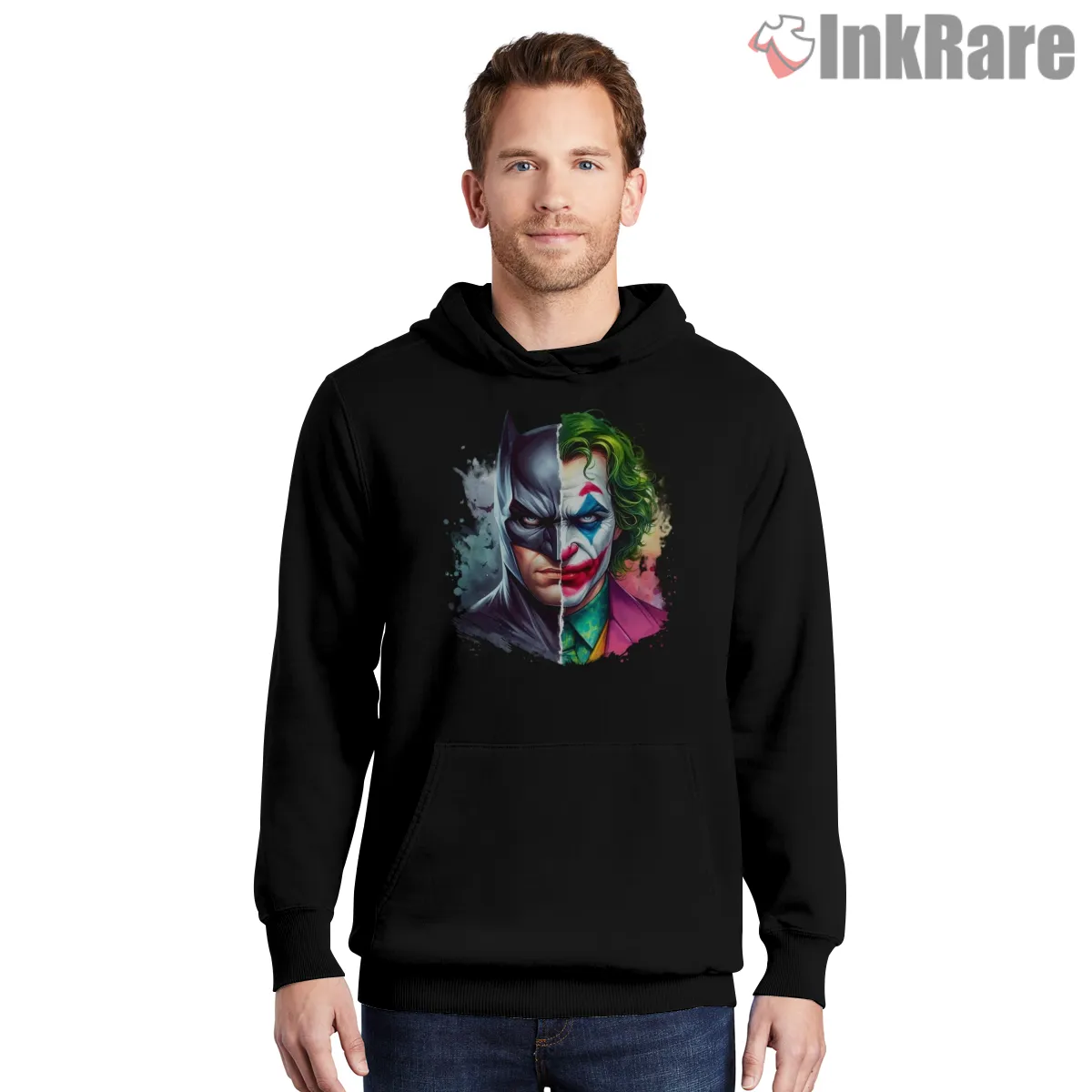 Dark Duality Batman Joker Split Portrait Shirt on black hoodie for men graphic tee
