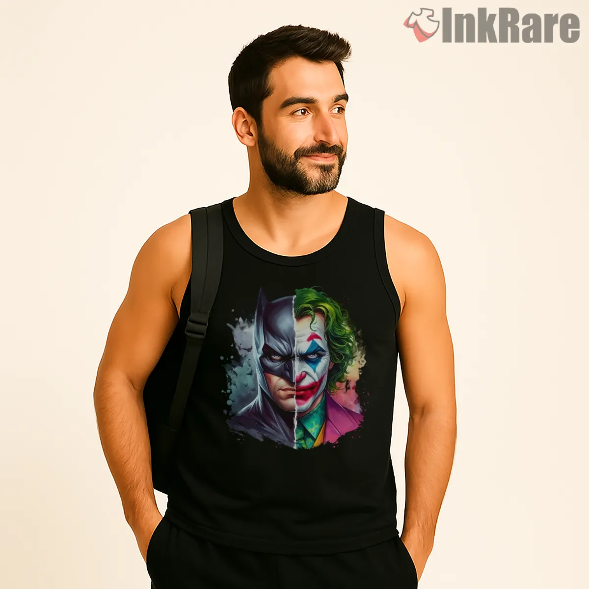 Dark Duality Batman Joker Split Portrait Tank Top Black Dark Duality Batman Joker Split Portrait Shirt on black tank top for men graphic tee