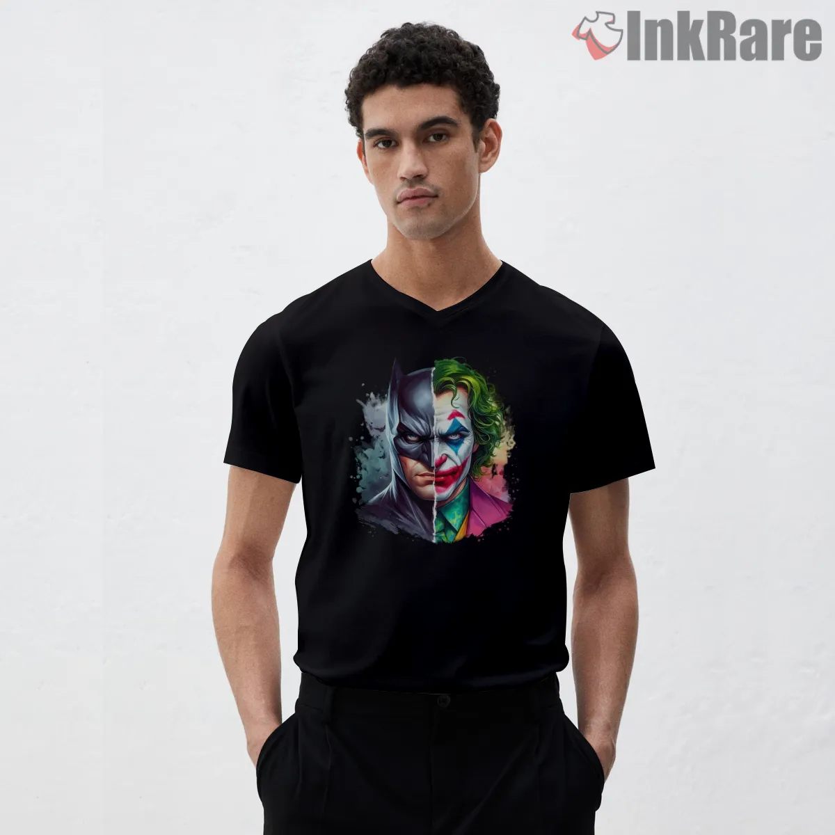 Dark Duality Batman Joker Split Portrait V Neck Black Dark Duality Batman Joker Split Portrait Shirt on black v-neck shirt for men graphic tee