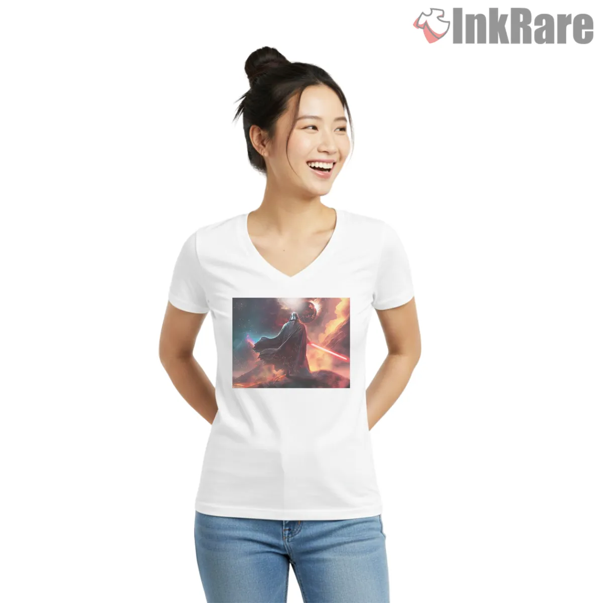 Dark Lord Cinematic Space Fantasy V Neck White Dark Lord Cinematic Space Fantasy Shirt on white v-neck shirt for women graphic tee