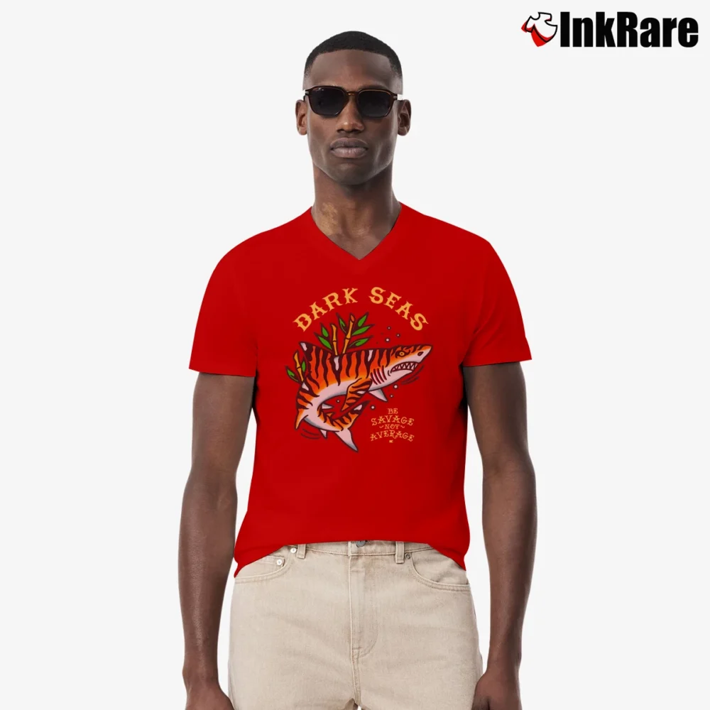 Men’s Dark Seas Tiger Shark Graphic V-Neck Tee in red | Sharp, Breathable, Everyday Staple