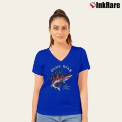 Women’s Dark Seas Tiger Shark Graphic V-Neck Tee in royal blue | Chic Neckline, Soft Texture
