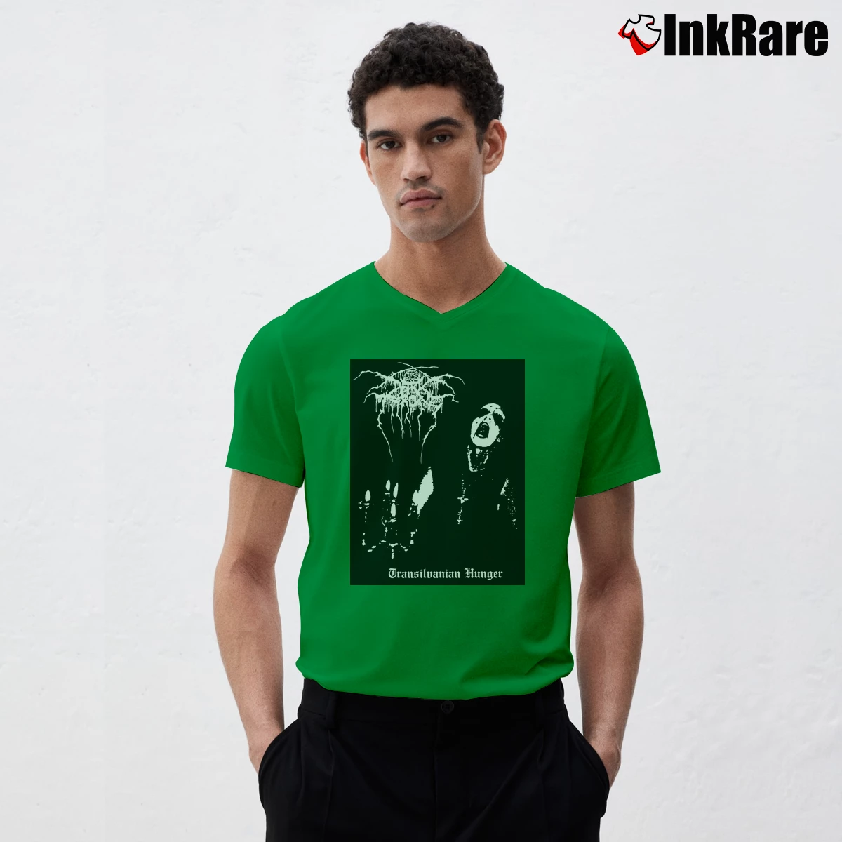 Men’s Darkthrone Transilvanian Hunger Black Metal V-Neck Tee in irish green | Sharp, Breathable, Everyday Staple