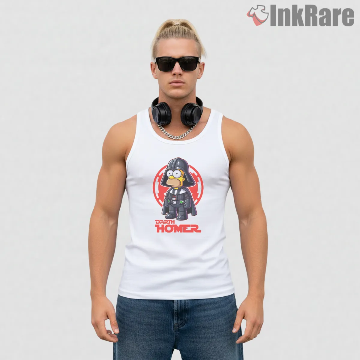 Darth Homer Star Wars Sith Cartoon Mashup Tank Top White Darth Homer Star Wars Sith Cartoon Mashup Shirt on white tank top for men graphic tee