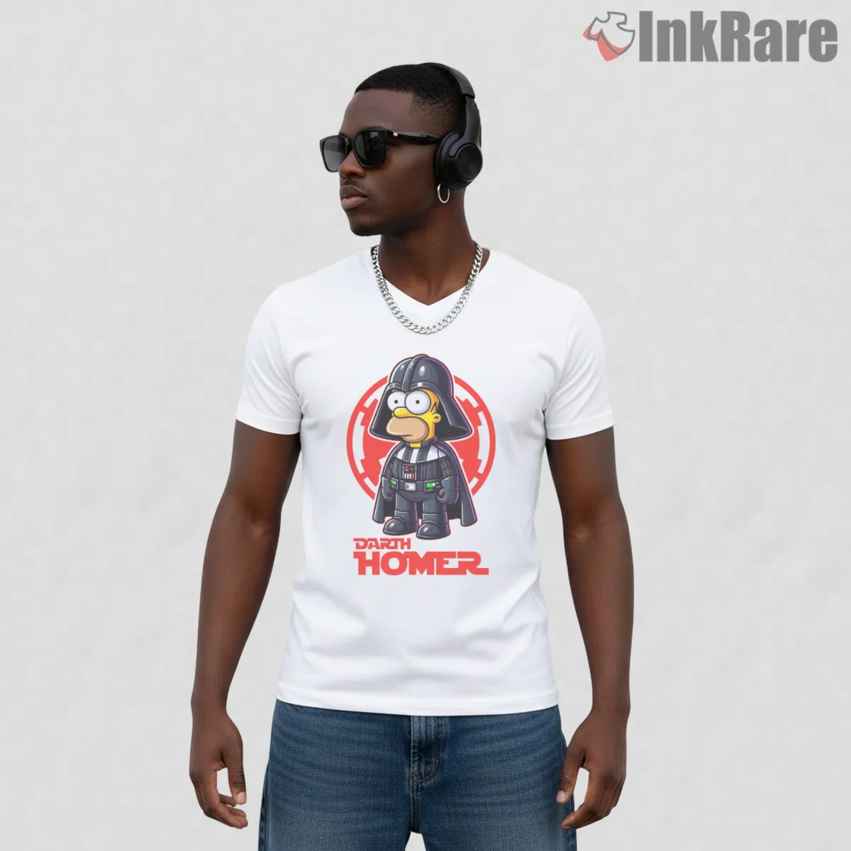 Darth Homer Star Wars Sith Cartoon Mashup V Neck White Darth Homer Star Wars Sith Cartoon Mashup Shirt on white v-neck shirt for men graphic tee