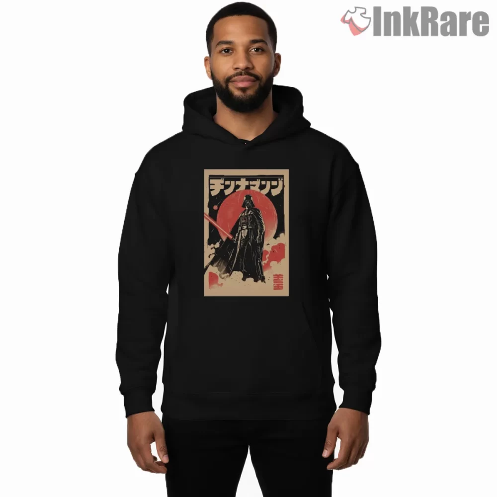 Darth Vader Japanese Retro Kanji Poster Shirt on black hoodie for men graphic tee