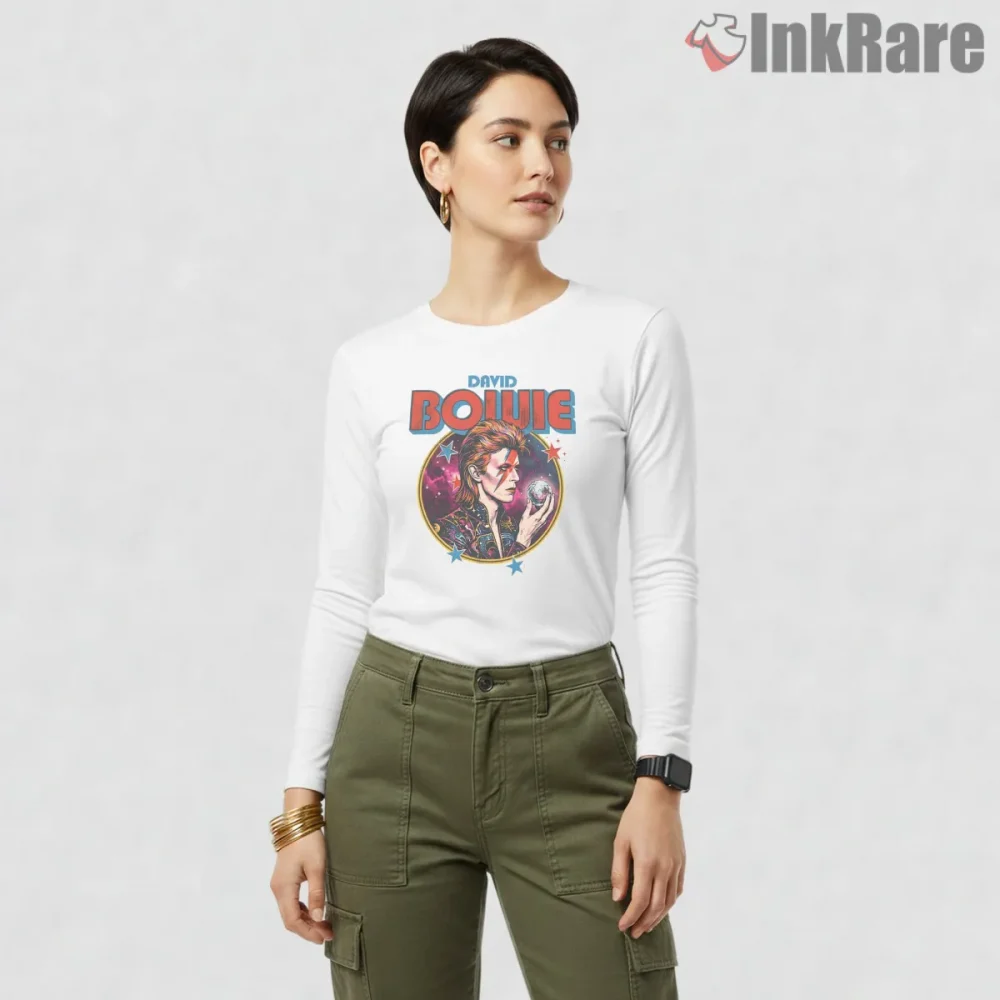 David Bowie Aladdin Sane Cosmic Galaxy Portrait Shirt on white long sleeve shirt for women graphic tee