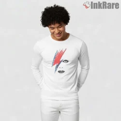 David Bowie Aladdin Sane Minimal Face Graphic Shirt on white long sleeve shirt for men graphic tee