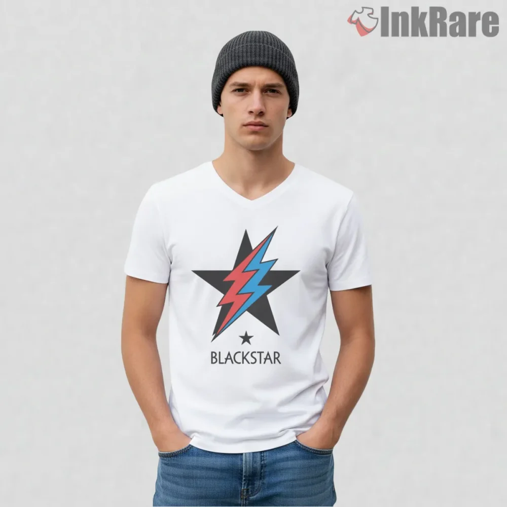 David Bowie Blackstar Lightning Bolt Minimal Symbol Shirt on white v-neck shirt for men graphic tee